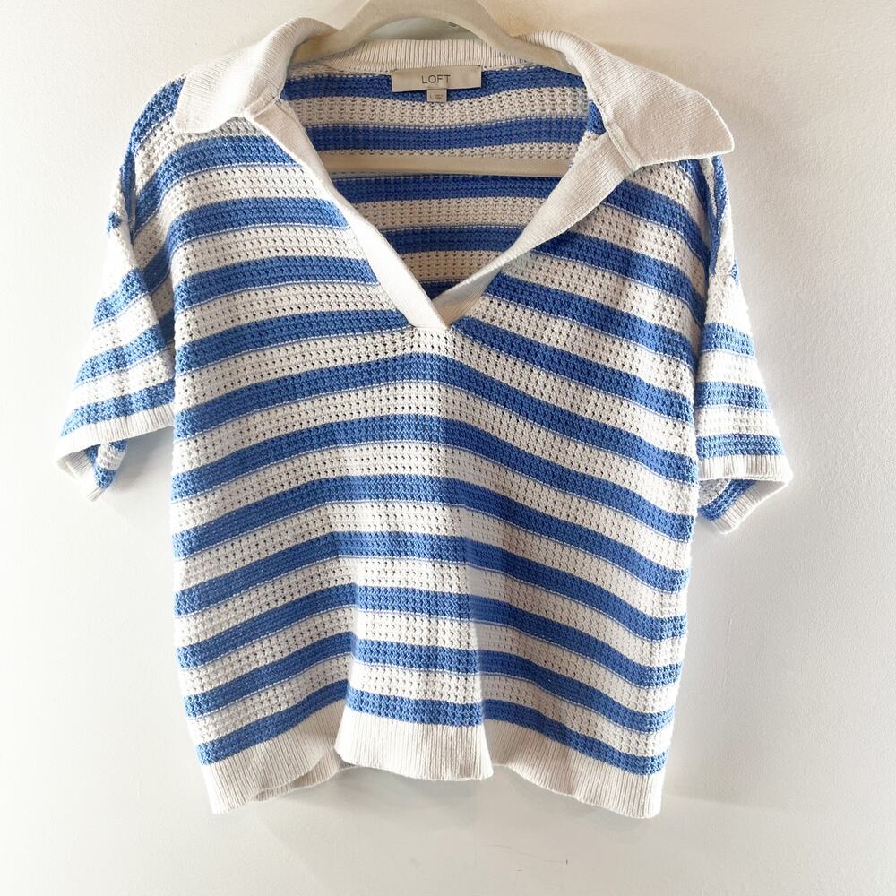 LOFT Striped Short Sleeve Collared Knit Pullover Sweater White Blue Large - Picture 2 of 5